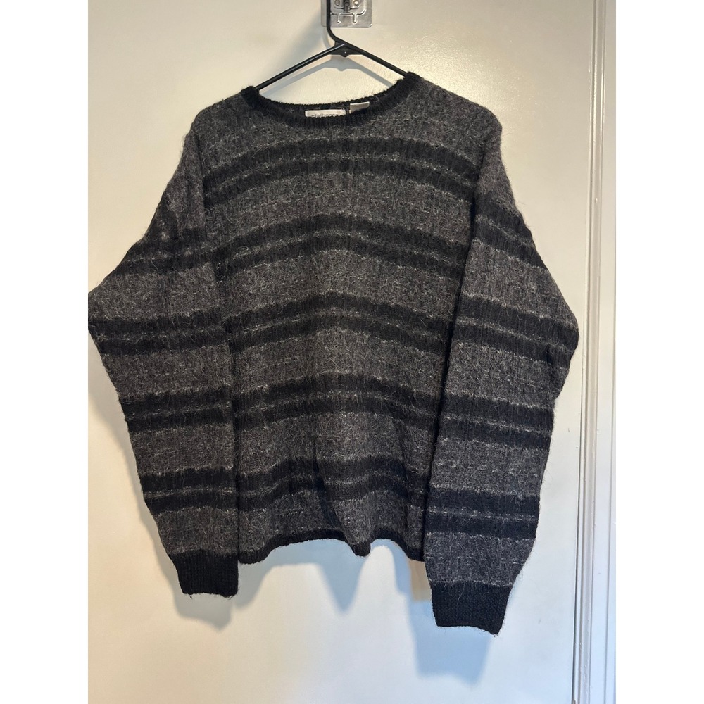 VTG Claiborne Grunge Striped 100% Alpaca Sweater SzL Gray Black Fuzzy Knit Goth